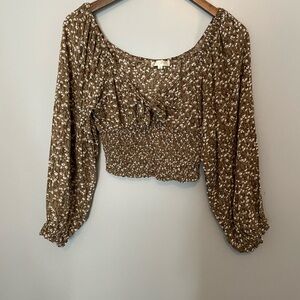 Brown Floral Cropped Blouse Puffy Sleeves Size Medium